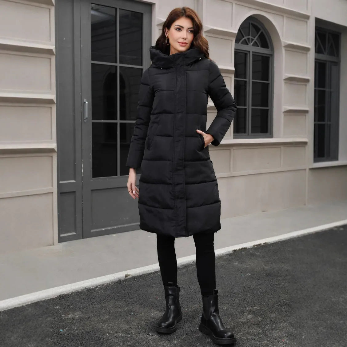 Black hooded slim fit jacket with long sleeves and cold-resistant thickened design