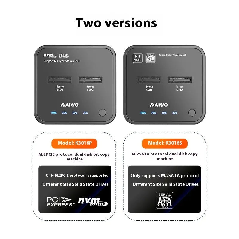 MAIWO K3016 M.2 SSD duplicator dock with USB-C cables and power adapter