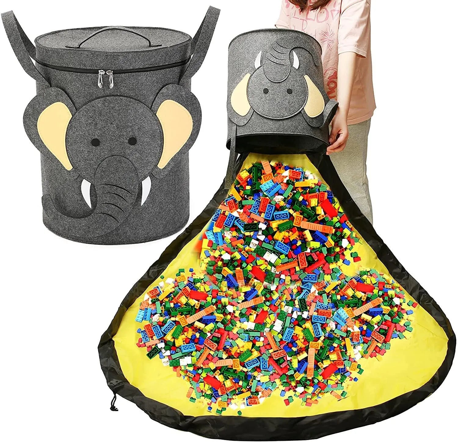 Green felt cube storage bag with pull rope, laid flat as a play mat