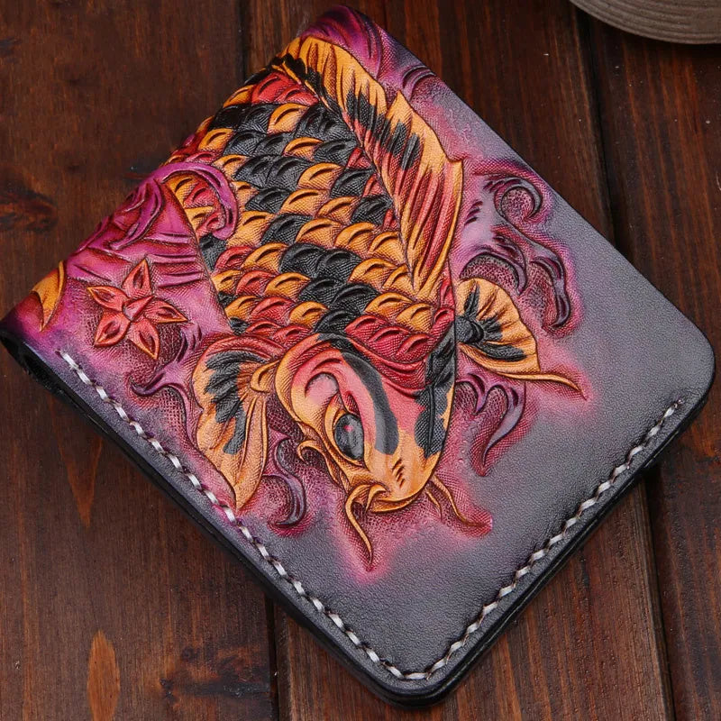 Hand-carved cow leather men's wallet in red colour showing open design and compact dimensions