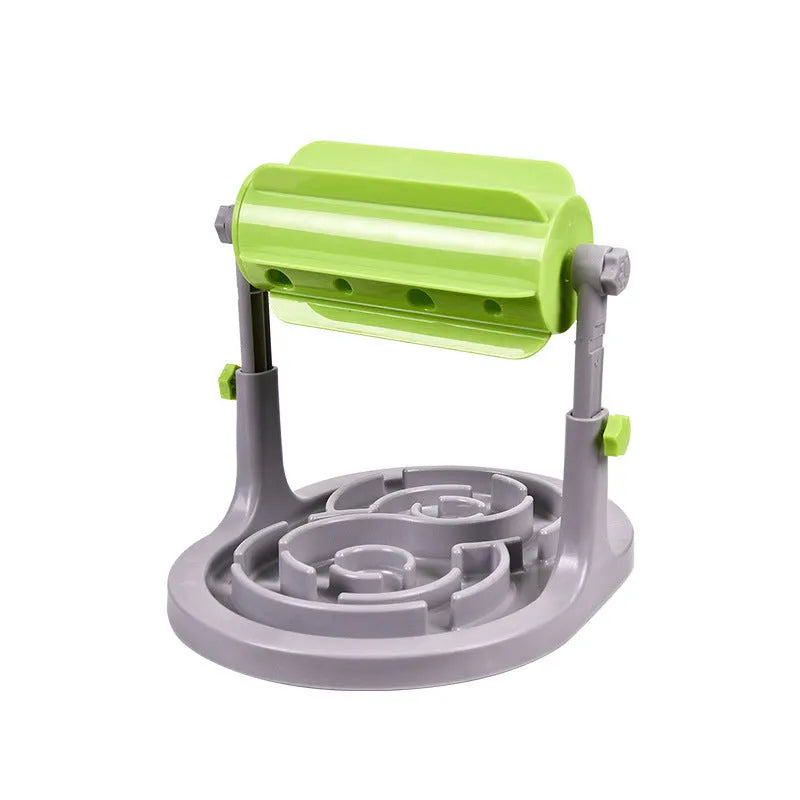 Interactive pet puzzle feeder bowl with adjustable height in blue, green, and pink colour options