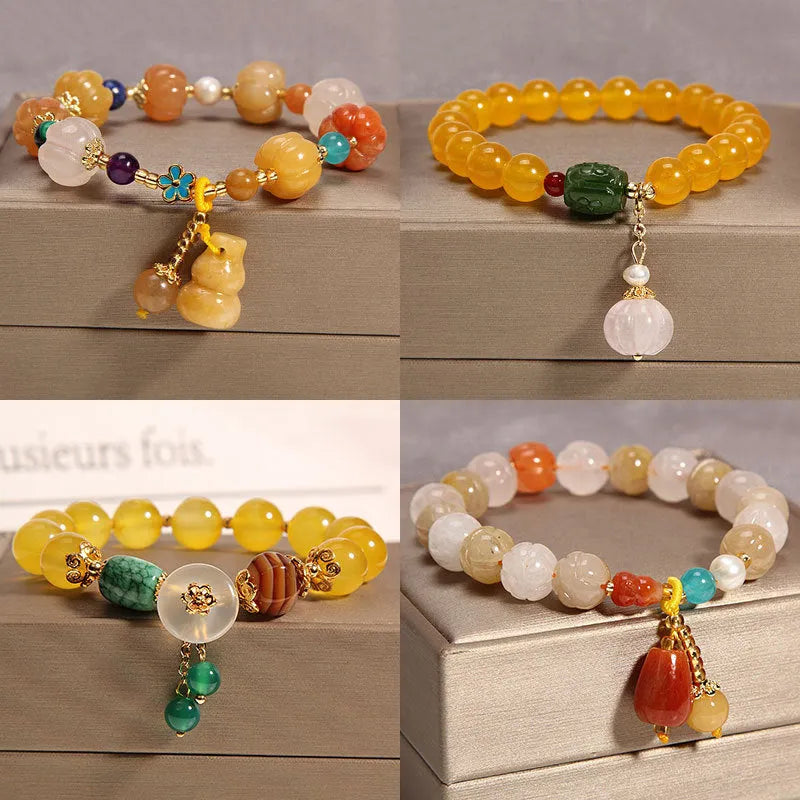 Women's yellow agate crystal bracelet on gold silk thread with Japanese styling