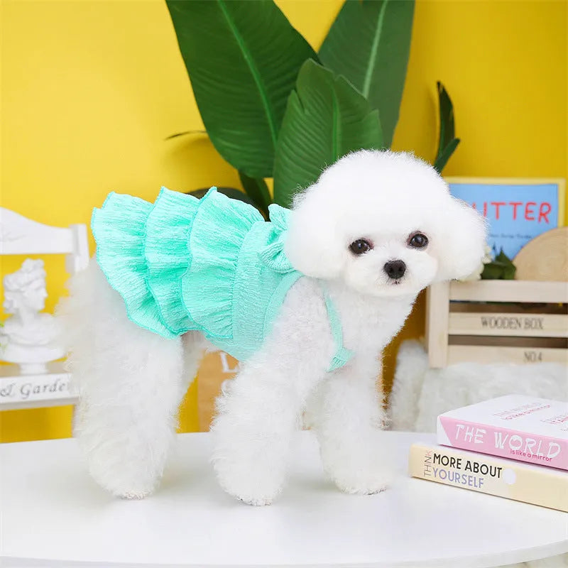 Small dog wearing polyester princess dress with layered candy skirt in rose red colour