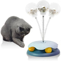 Blue cat treat dispenser toy with track ball design on white background