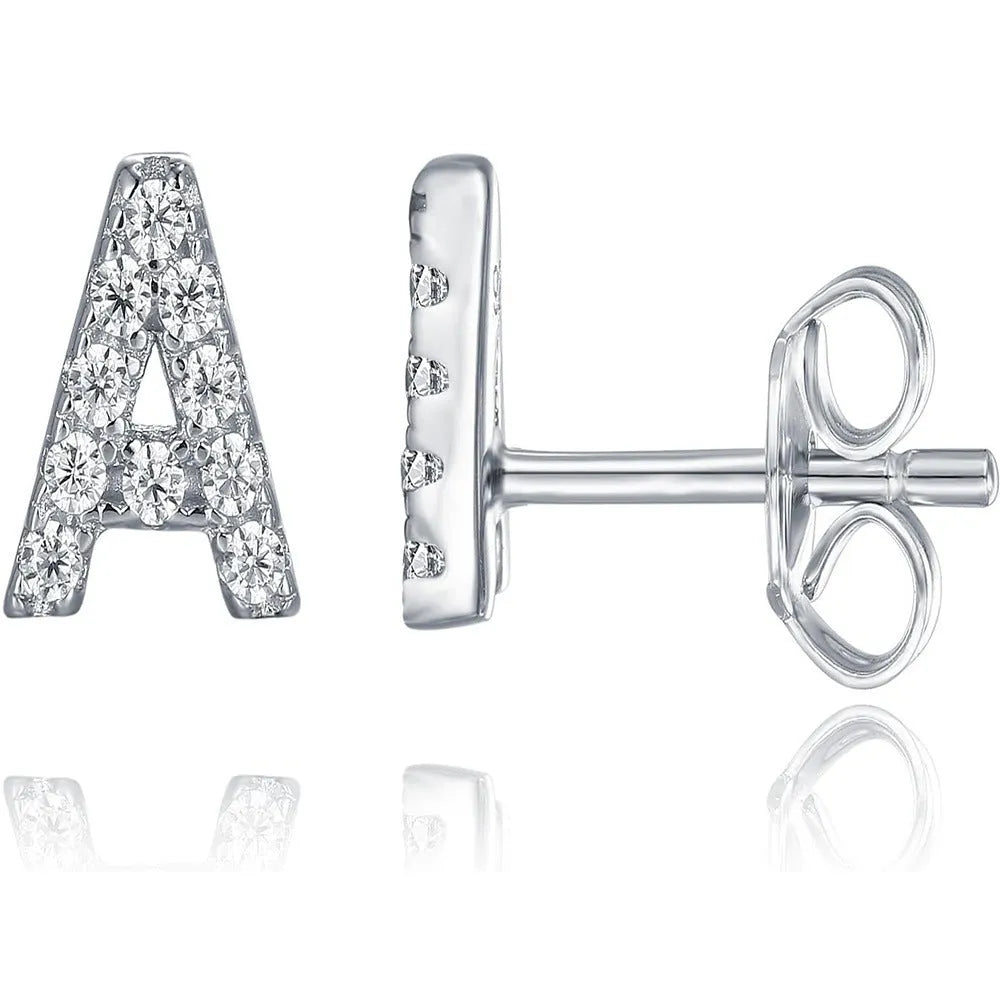 Gold plated alphabet letter earrings showing English characters A to Z with zircon decorative accents