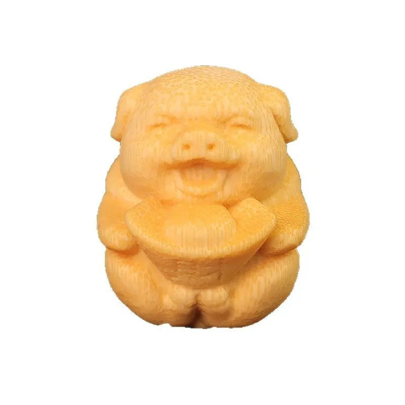 Solid bamboo carving ornament of ingot pig figure with 4cm height and 3.5cm diameter