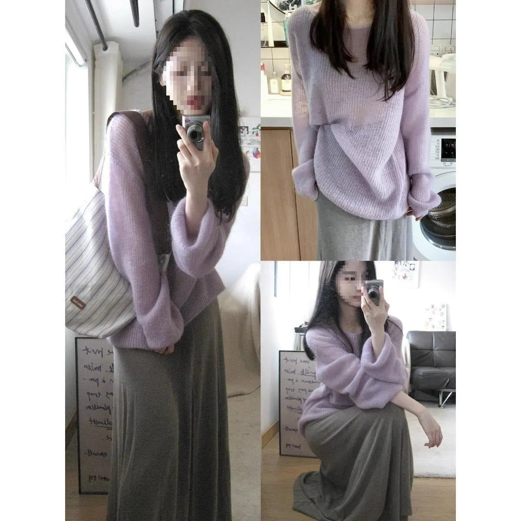 Purple women's blouse with round neck, princess sleeves, and shoulder strap hollow out design