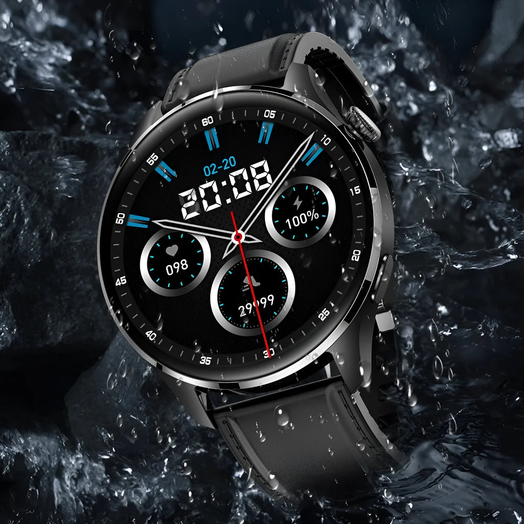 Smart watch with round colour touch screen showing interface, featuring zinc alloy case and black silicone strap
