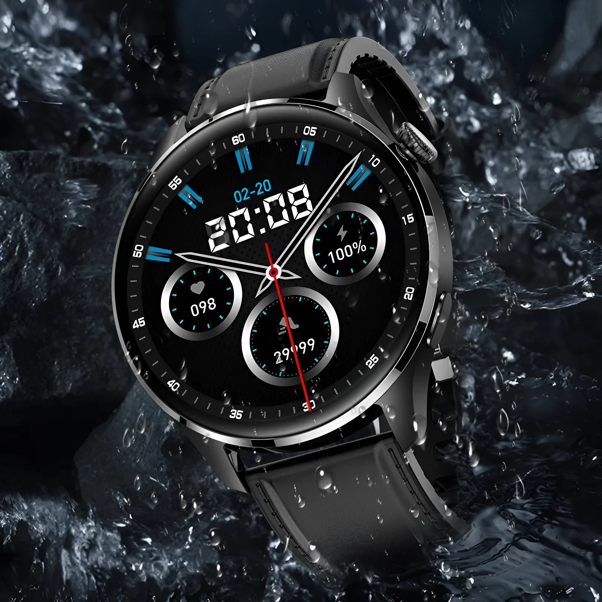 Smart watch with round colour touch screen showing interface, featuring zinc alloy case and black silicone strap