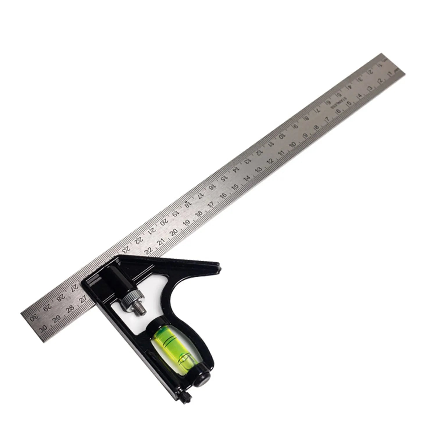 Red thin metal combination angle ruler with metric scale and transparent carry bag.