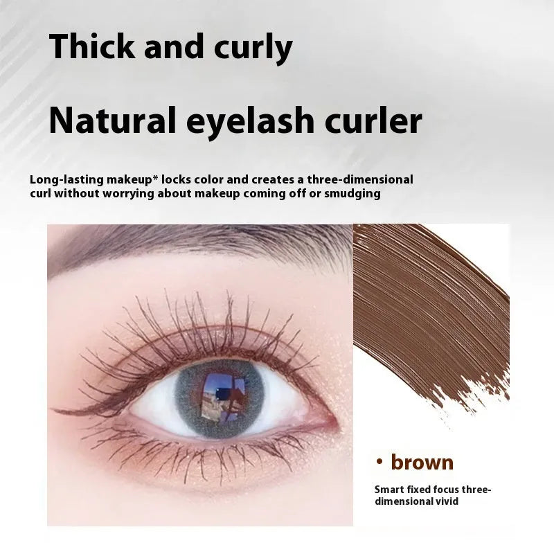 Waterproof long thick mascara in a steel tube with black and brown colour options, shown with an eyelash curler.