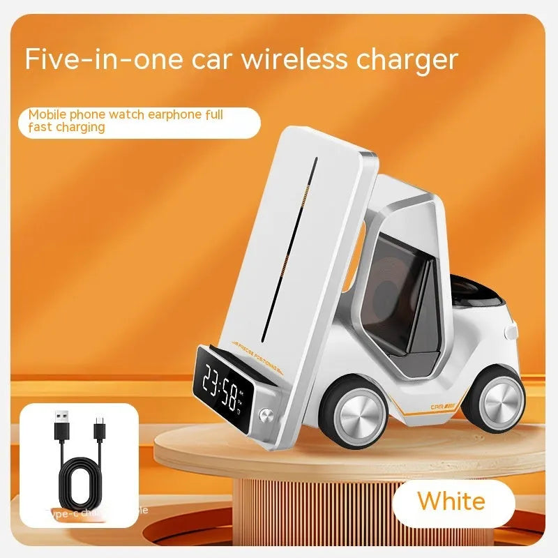 Grey, white, yellow, and orange 15W three-in-one wireless fast charging stand on a desk