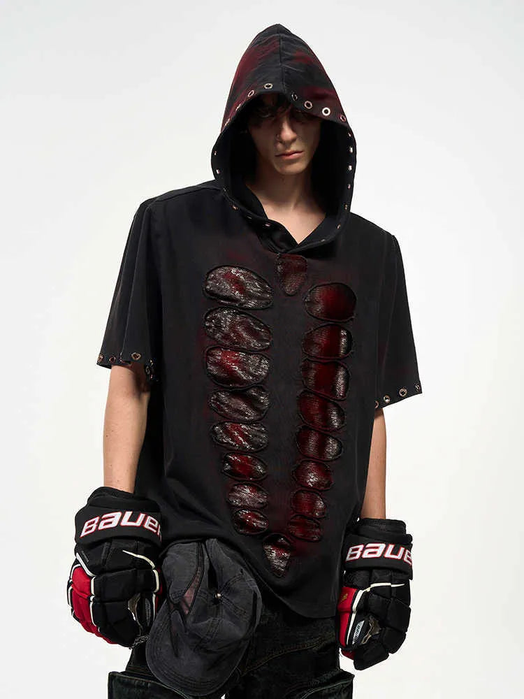 Black men's hooded short-sleeve T-shirt with sequin design, loose fit
