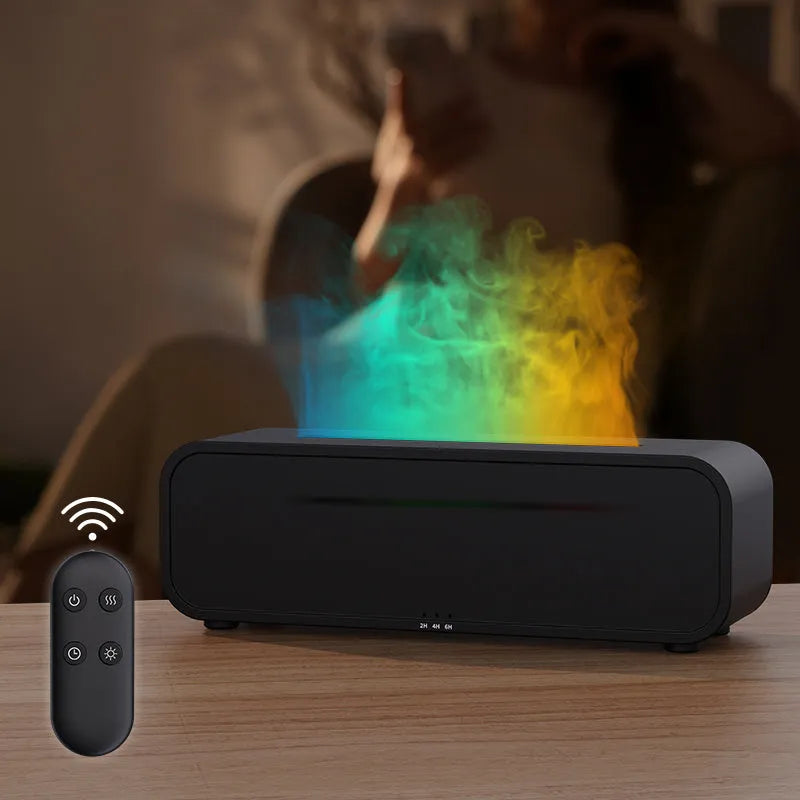 Black and white aroma diffuser with colour-changing LEDs, remote control, and USB cable.