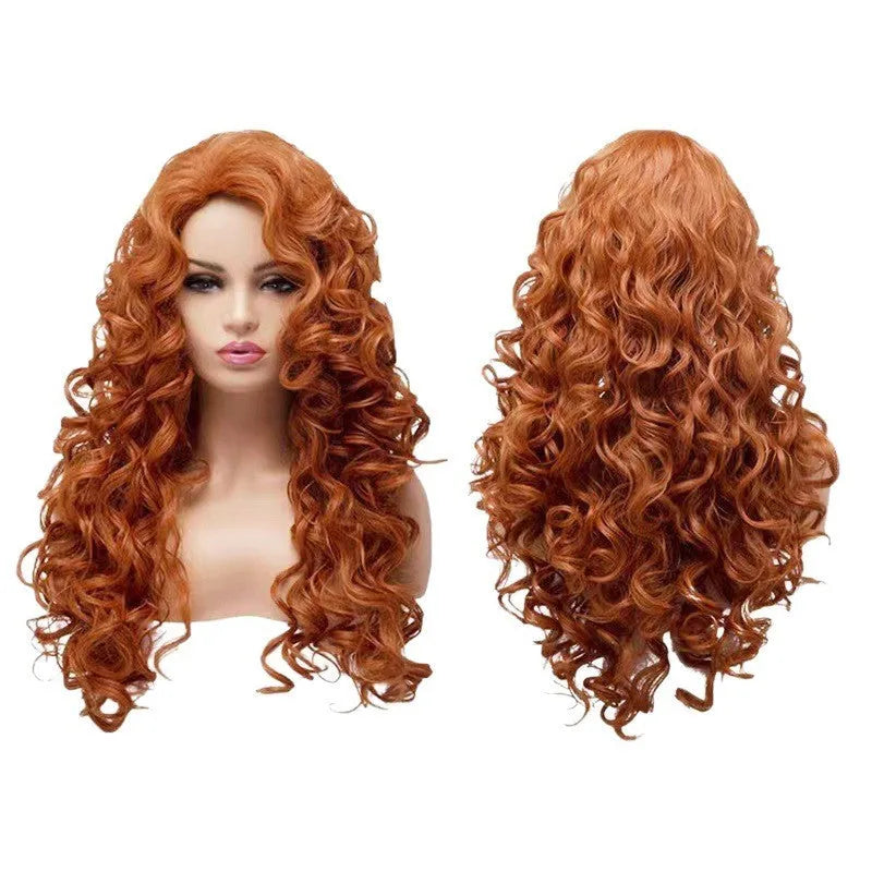 Brown long wavy curly wig with instant noodles style and fluffy texture