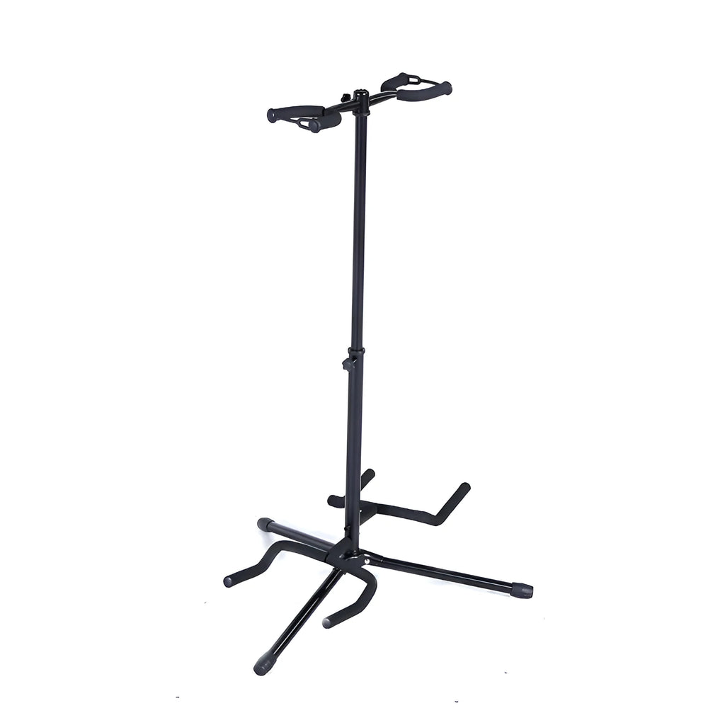 Black iron vertical double-headed adjustable guitar stand for acoustic and electric instruments