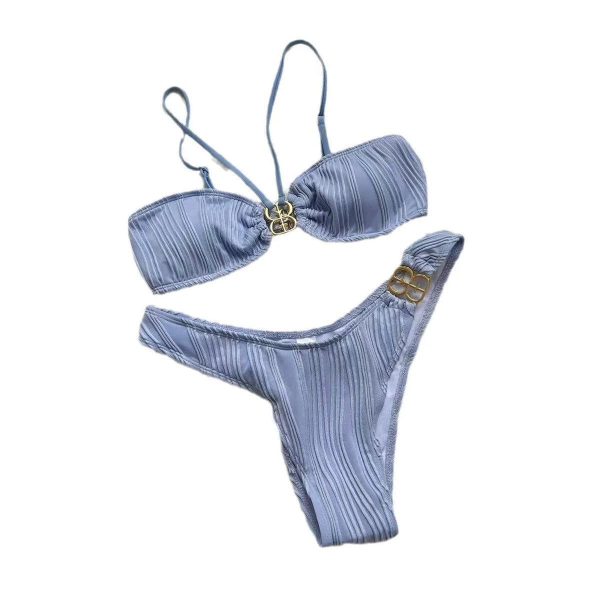 Women's solid colour hanging neck bikini set in polyester fabric shown in multiple colour options
