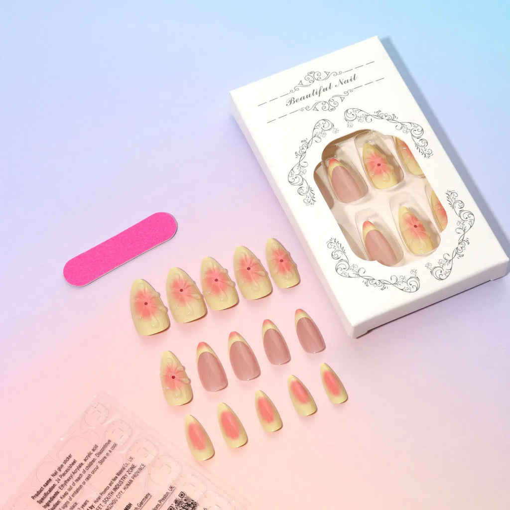 Simple fake nails set with cartoon 3D flower wear armour pieces, jelly glue, and filing strip
