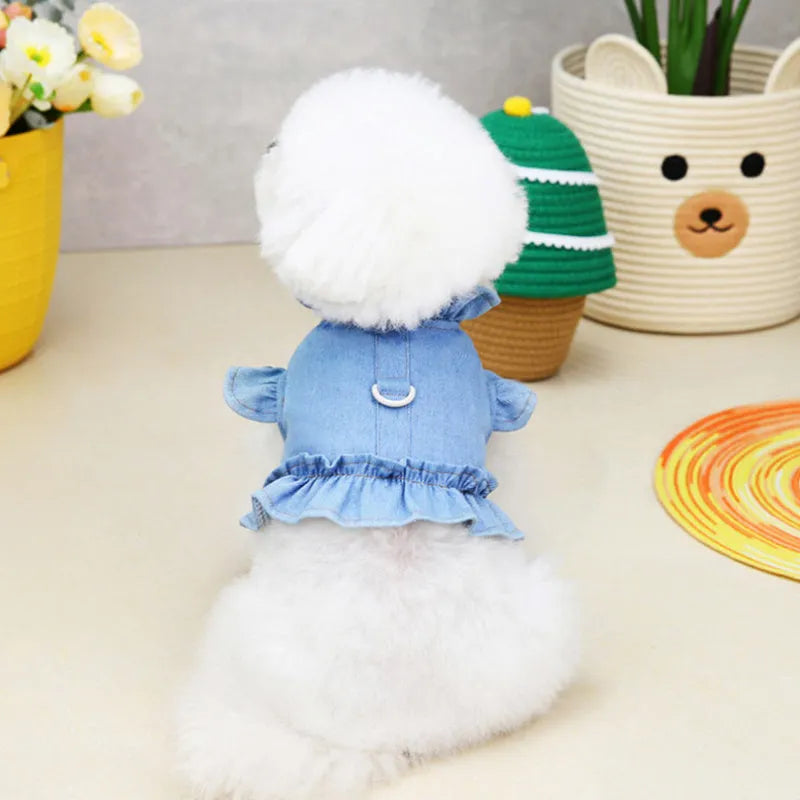 Dark blue denim dog dress with ruffles vest design and leash hook attachment for small canine