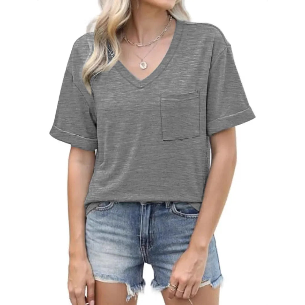 Gray loose fit V-neck t-shirt with front pocket and short sleeves