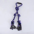 Blue and yellow braided cotton rope dog toy with ergonomic handles for large breeds