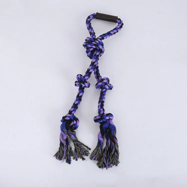 Blue and yellow braided cotton rope dog toy with ergonomic handles for large breeds