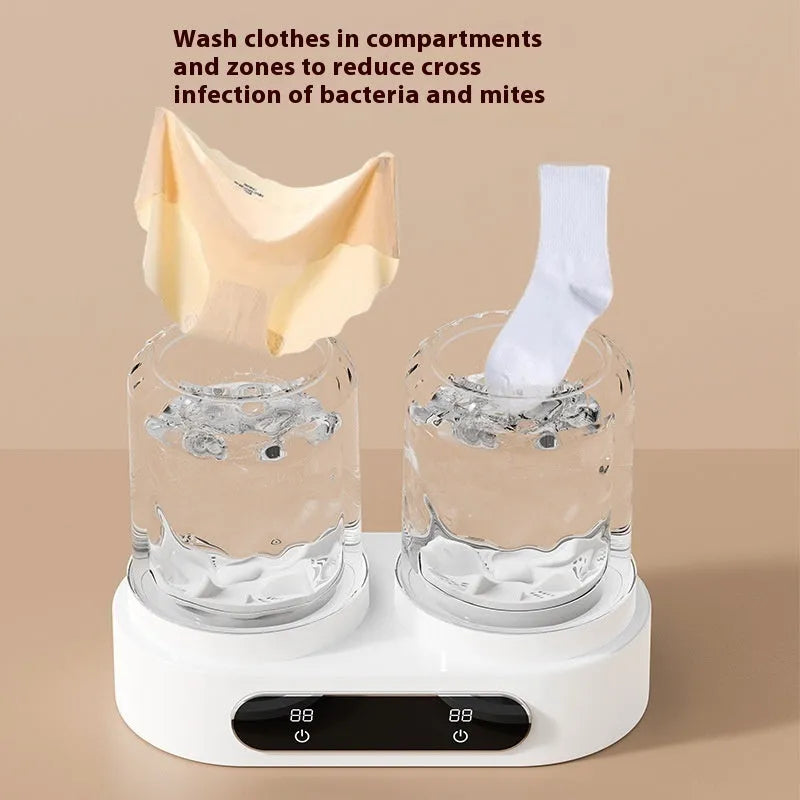 White double bucket mini washing machine with USB cable for portable underwear laundry
