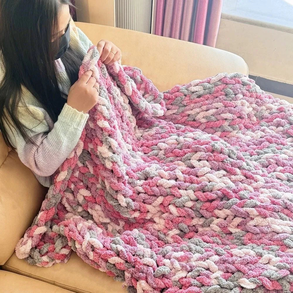 Coarse yarn chenille knitted blanket with braided gravity texture in modern colour pattern