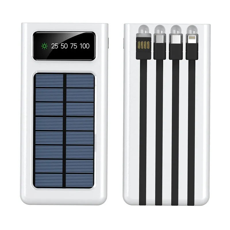 Black solar power bank with integrated cable showing four charging ports and solar panel