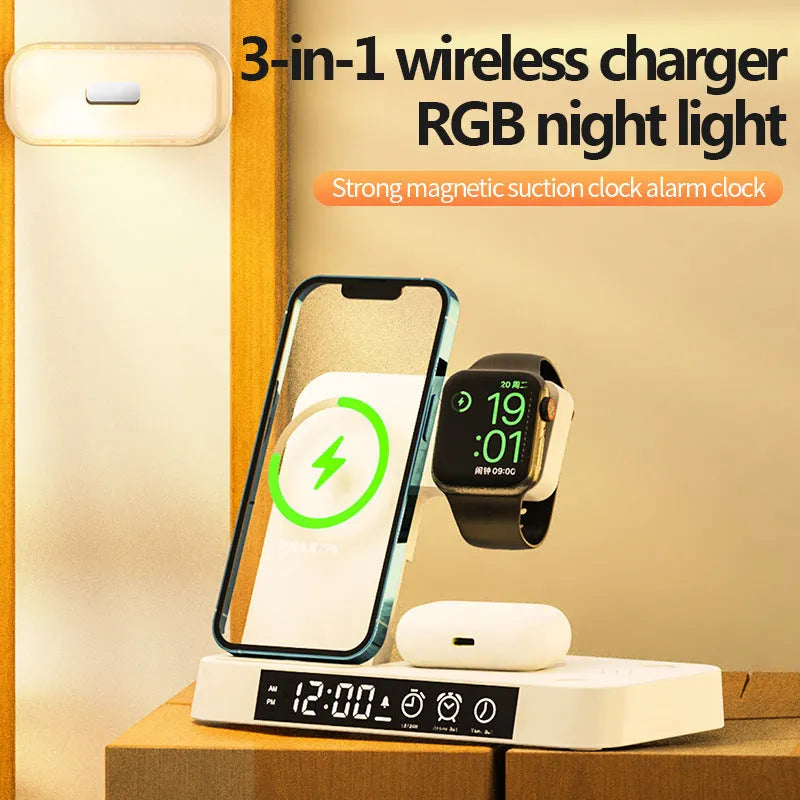 White 4-in-1 wireless charging station with foldable phone stand, LED clock display, and Apple Watch cable.