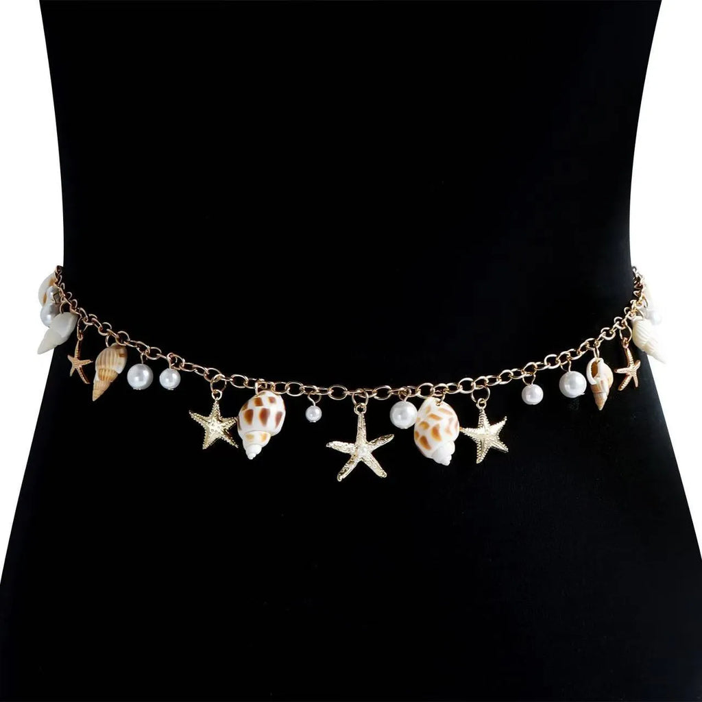 Women's waist chain and bracelet jewellery set with star shell design for beachwear