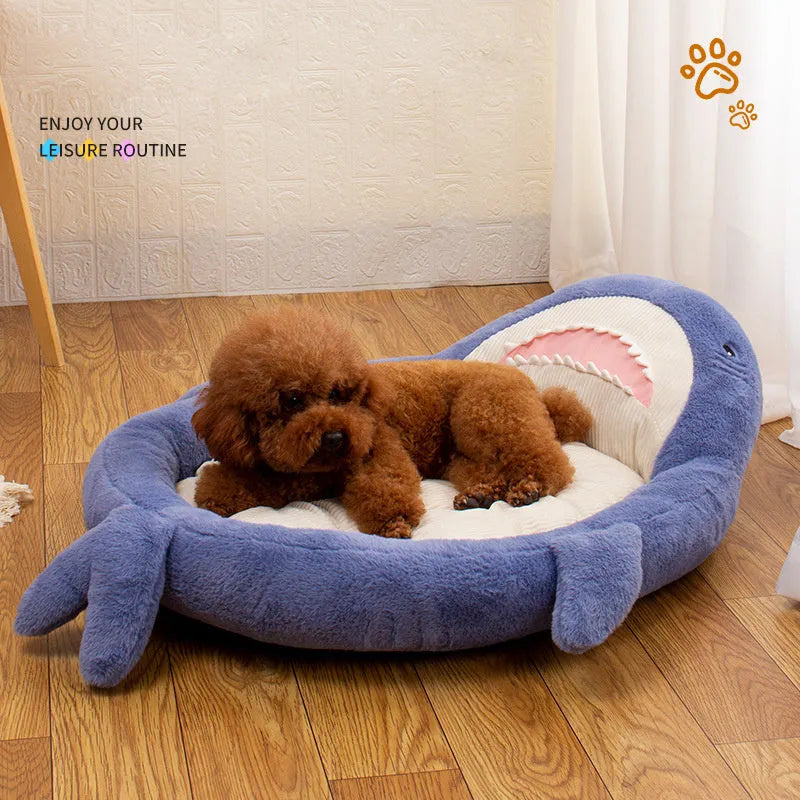 Blue shark pattern pet bed cushion for small medium dogs and cats on a floor