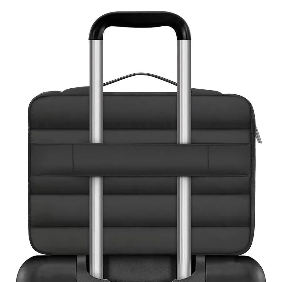 Cotton velvet laptop bag with plaid detail in black, shown next to a laptop