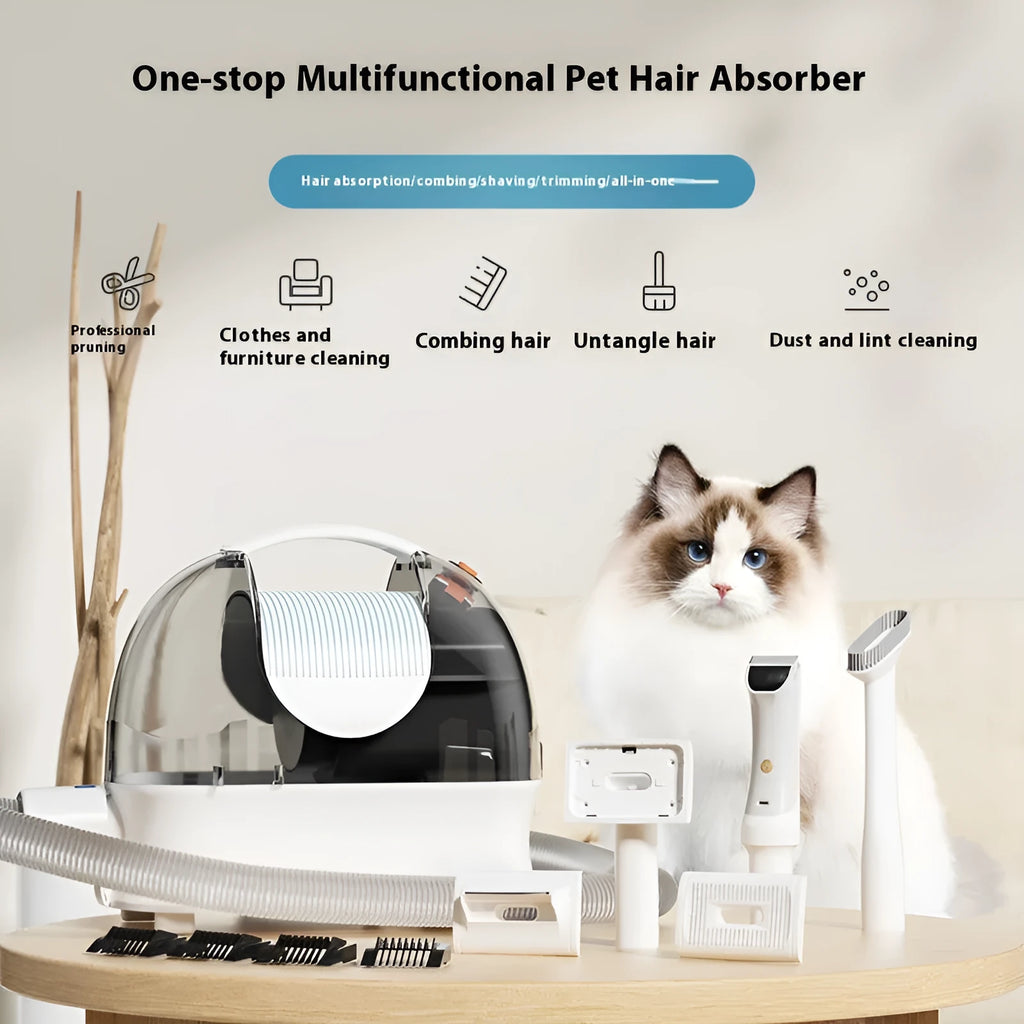 Pink and white pet grooming vacuum cleaner with attached hose and electric shaver grooming tool on a white background.