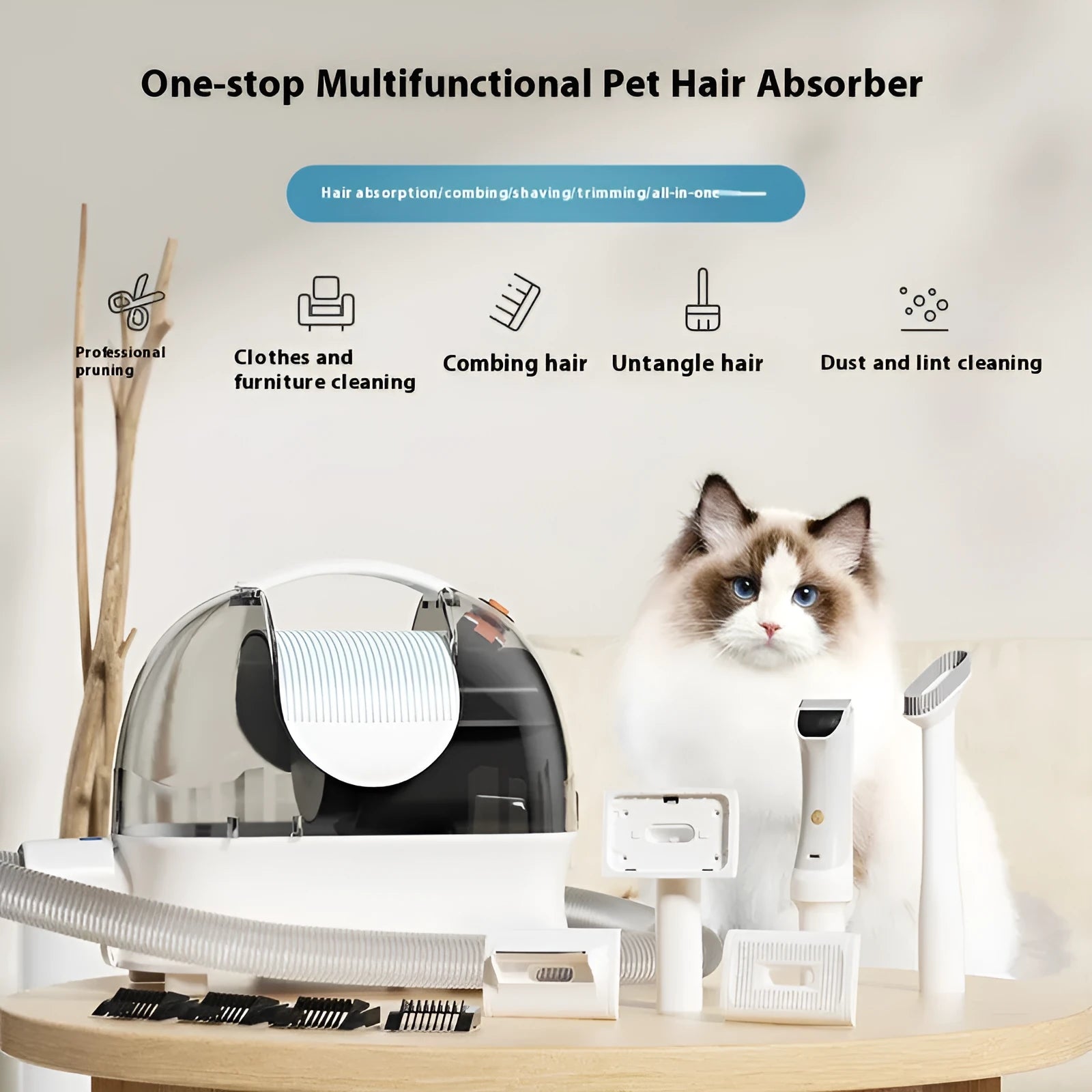 Pink and white pet grooming vacuum cleaner with attached hose and electric shaver grooming tool on a white background.
