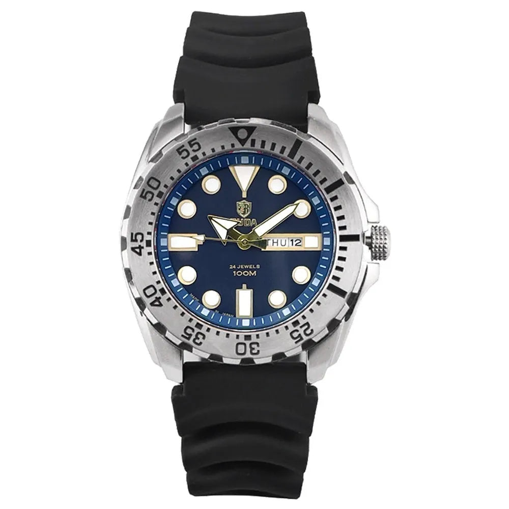 Men's waterproof luminous watch with blue dial on a steel bracelet.