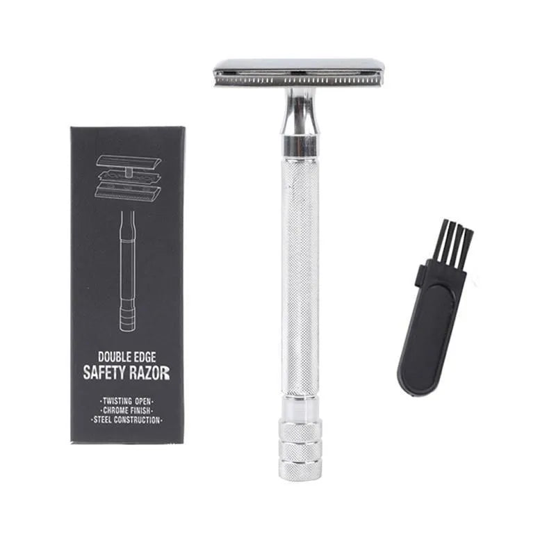 Traditional manual metal shaving scraper and brush set in black or silver finish.