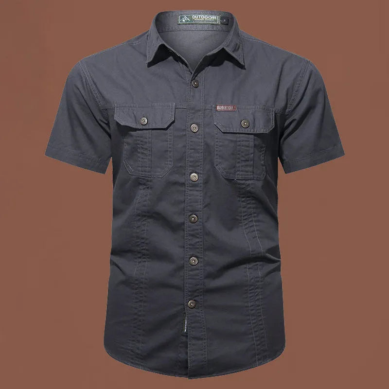 Men's army green cotton short sleeve work shirt with a cardigan style and loose fit.