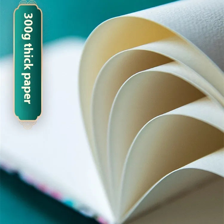 Feiluniao fabric watercolour sketchbook open showing a detailed hand-painted design on paper.