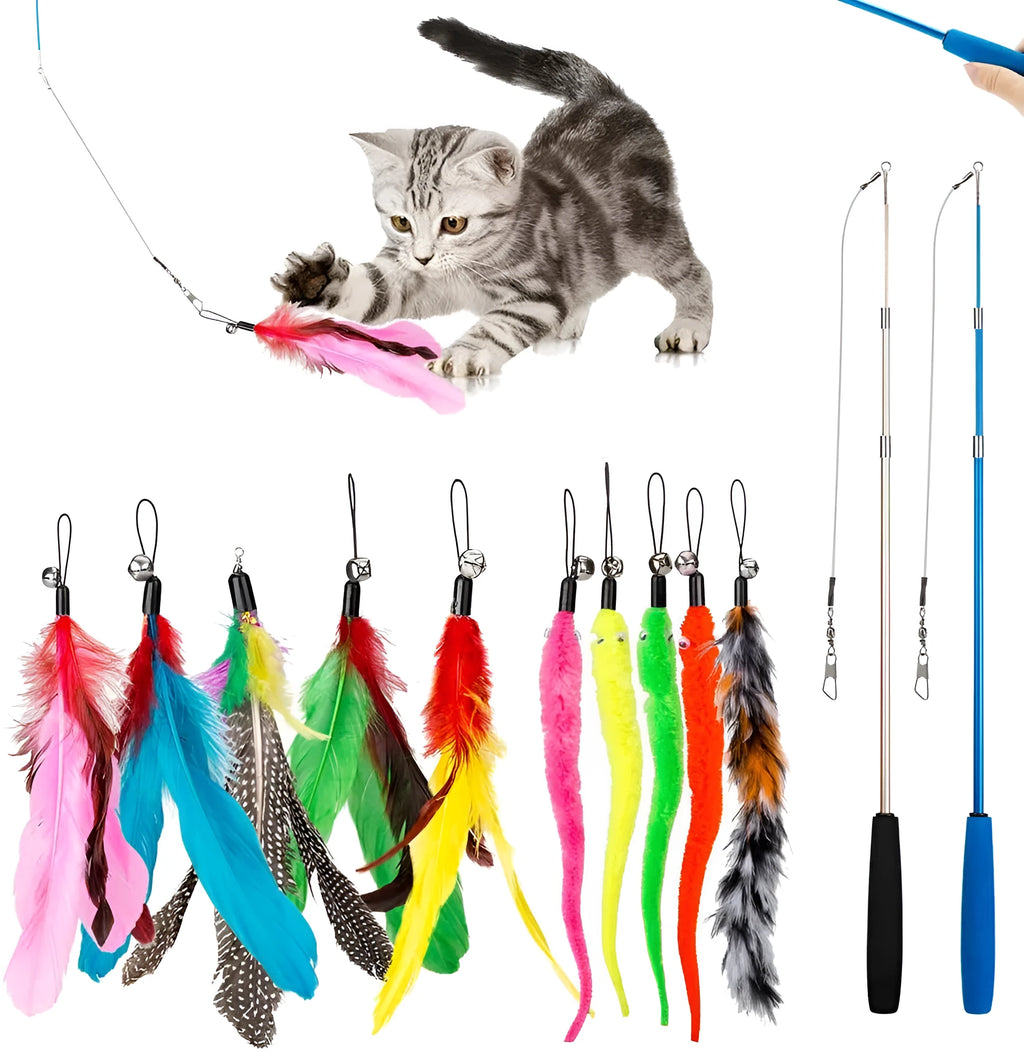 Cat feather fishing rod toy set with two handheld rods and ten interchangeable replacement heads