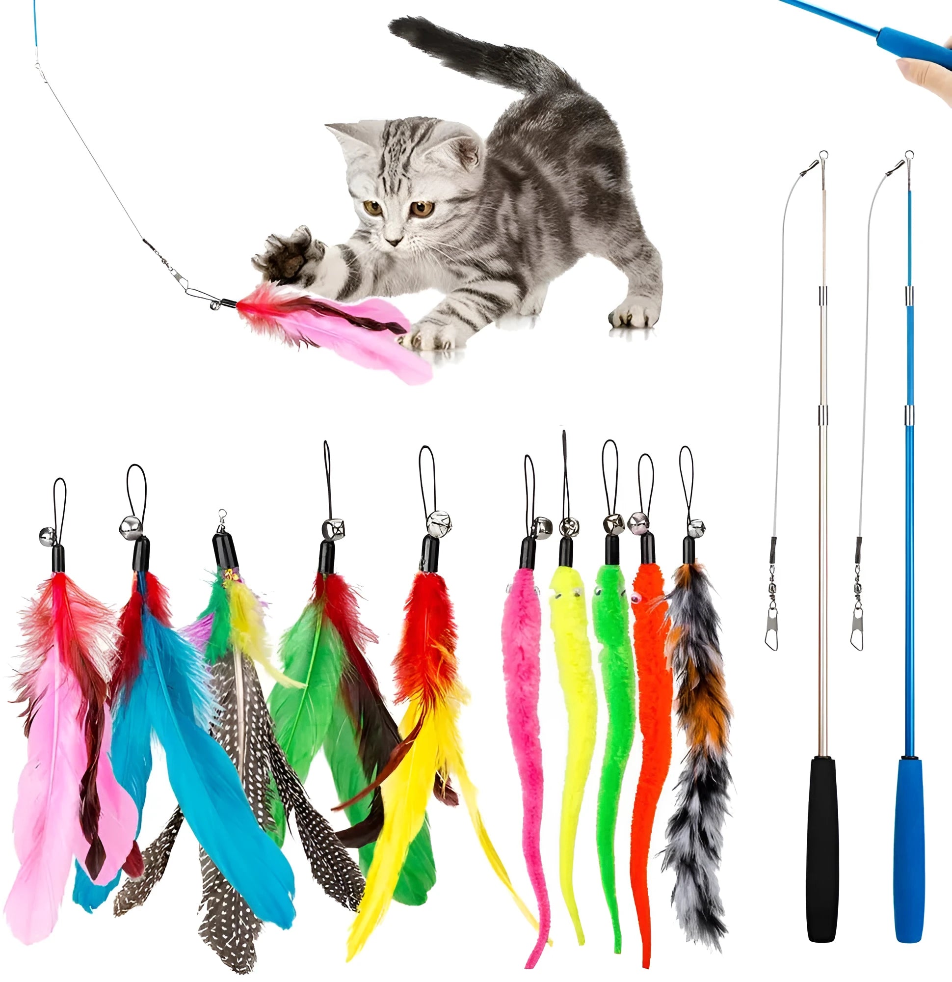 Cat feather fishing rod toy set with two handheld rods and ten interchangeable replacement heads