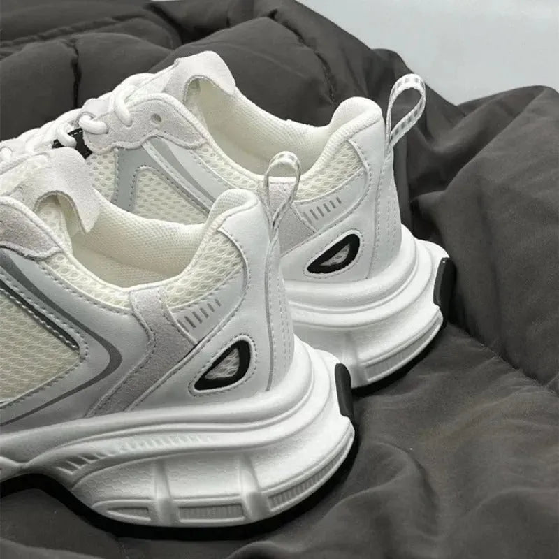 Beige mesh platform sports shoes with wedge heel and lace-up front