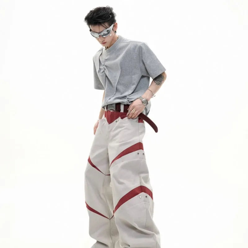 Men's cotton loose fit T-shirt with three-dimensional pleated detail and asymmetric stitching