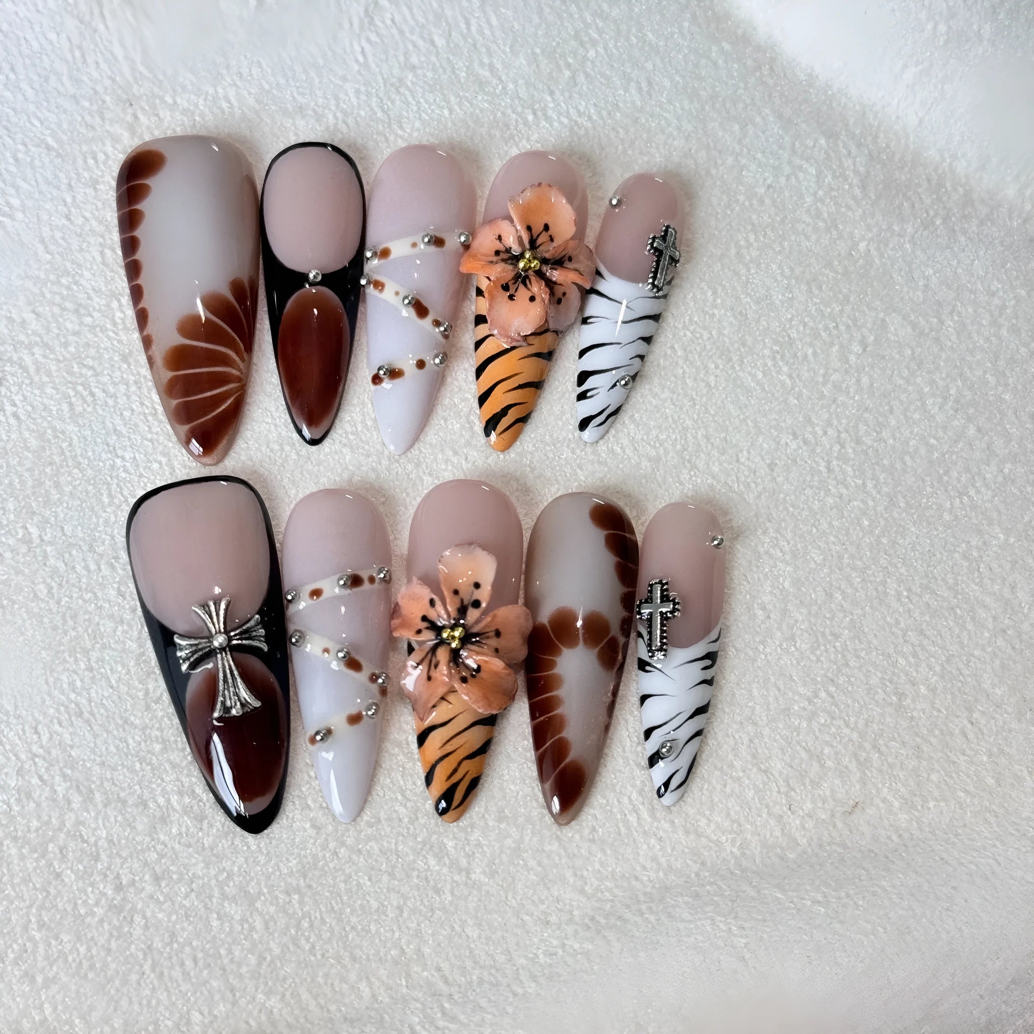 French style leopard print nail stickers with cross and flower patterns in 10-piece set