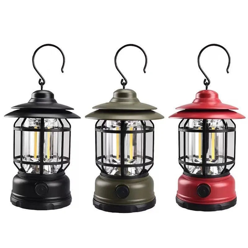 Portable camping lantern in dark green, black, or red colours showing compact 16.6cm size with battery or rechargeable power options