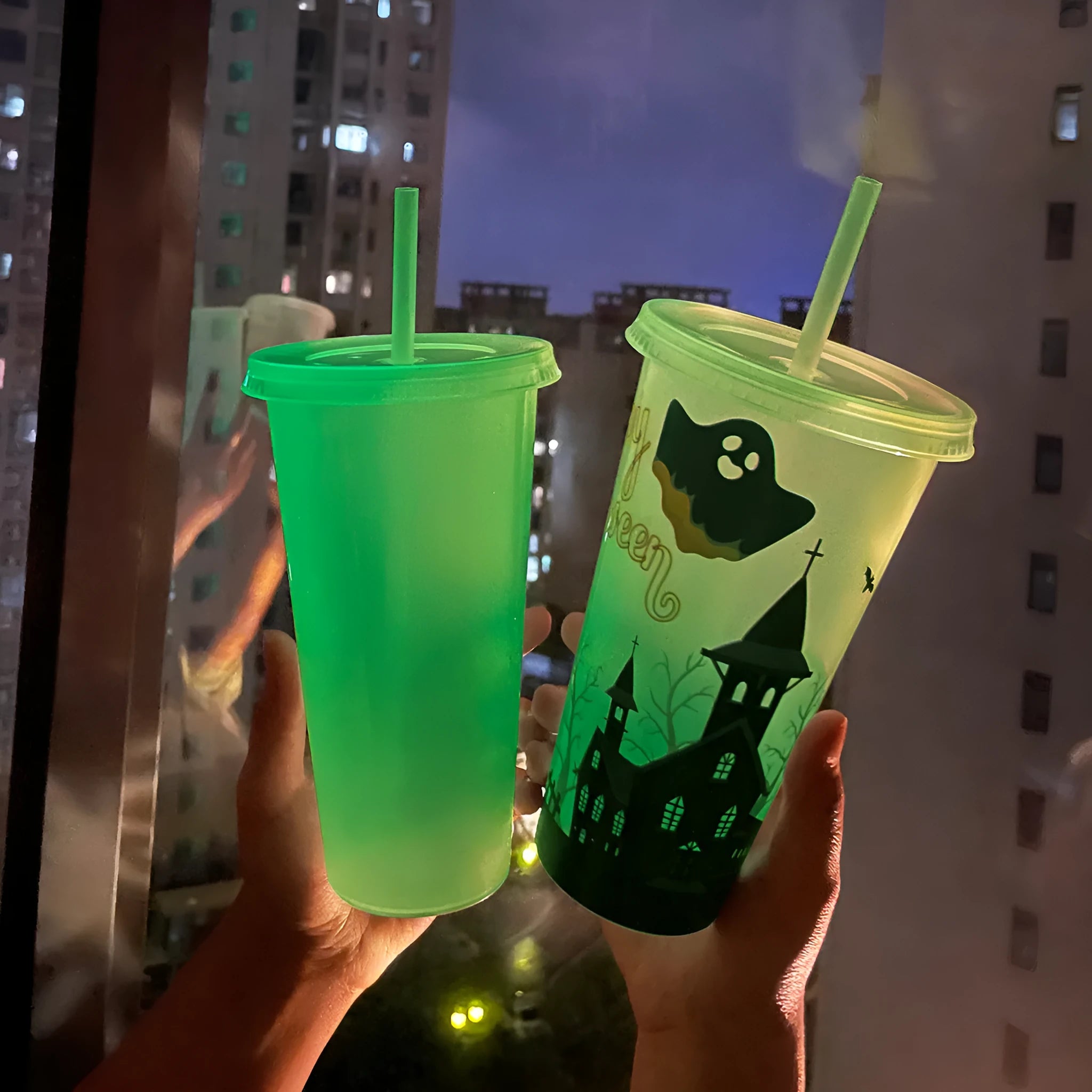 720ml Halloween luminous plastic sippy straw cup with PP construction and 6 colour options