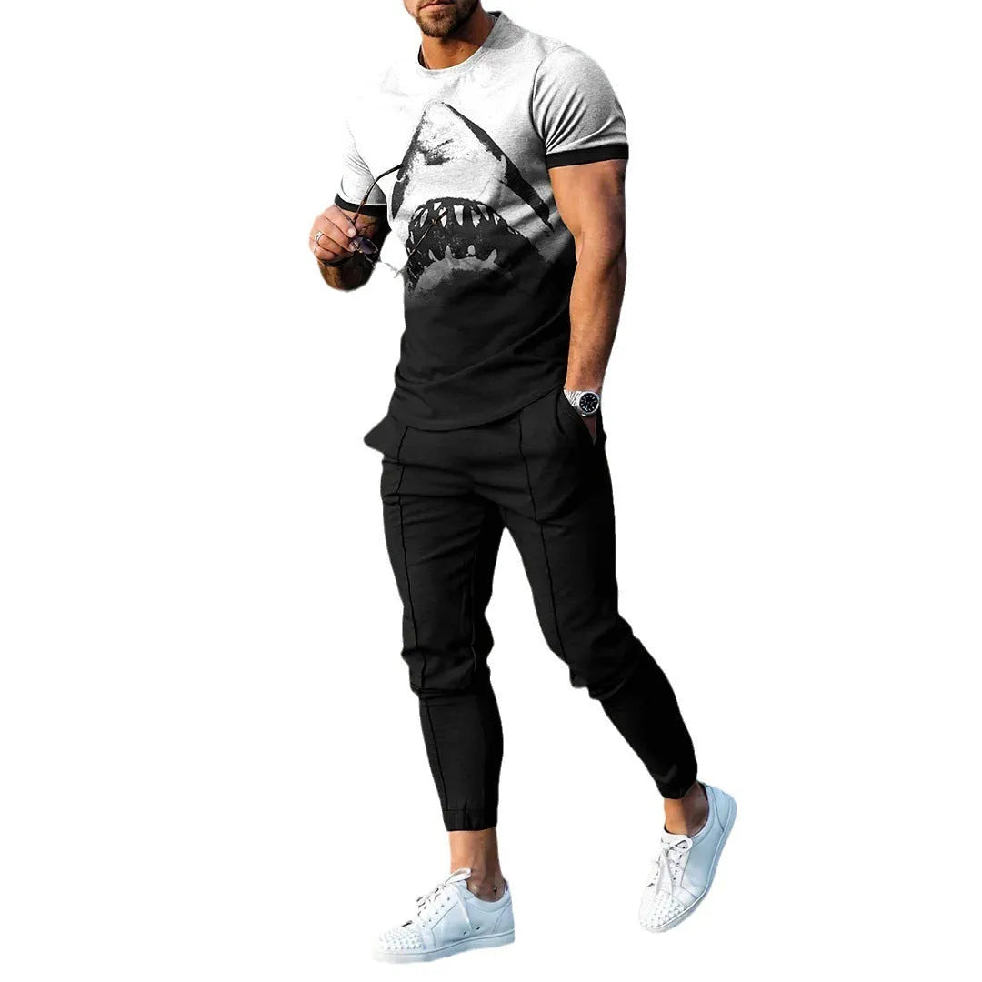 Men's short-sleeved sports top and trousers set with printed design in chemical fibre blend fabric
