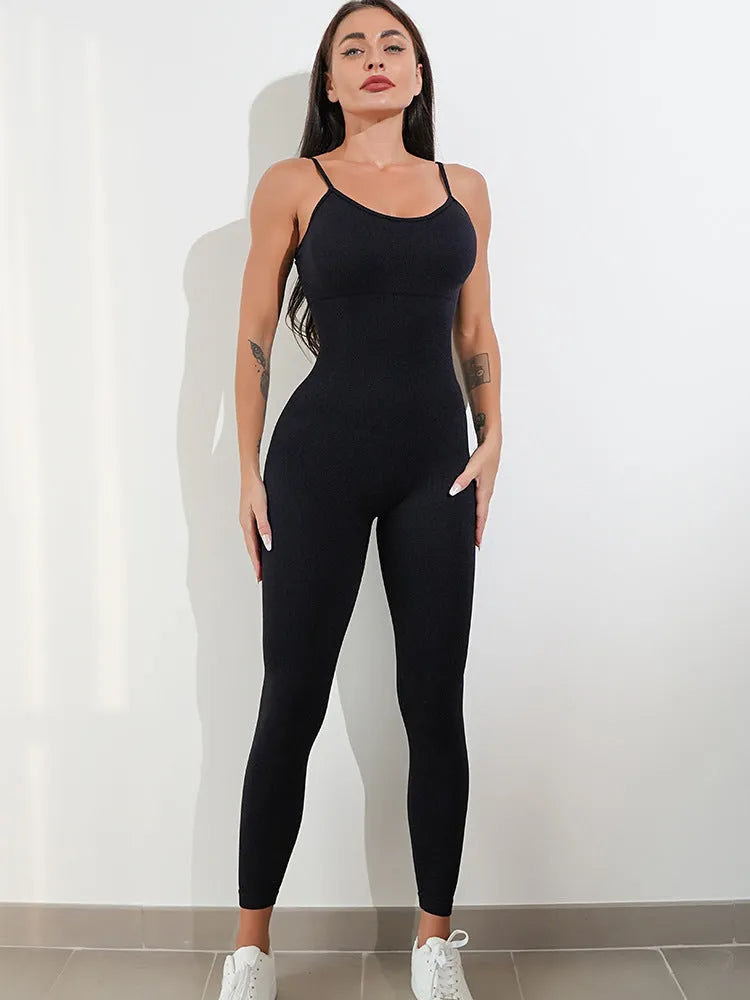 Women's black seamless jumpsuit with adjustable spaghetti straps and tummy control