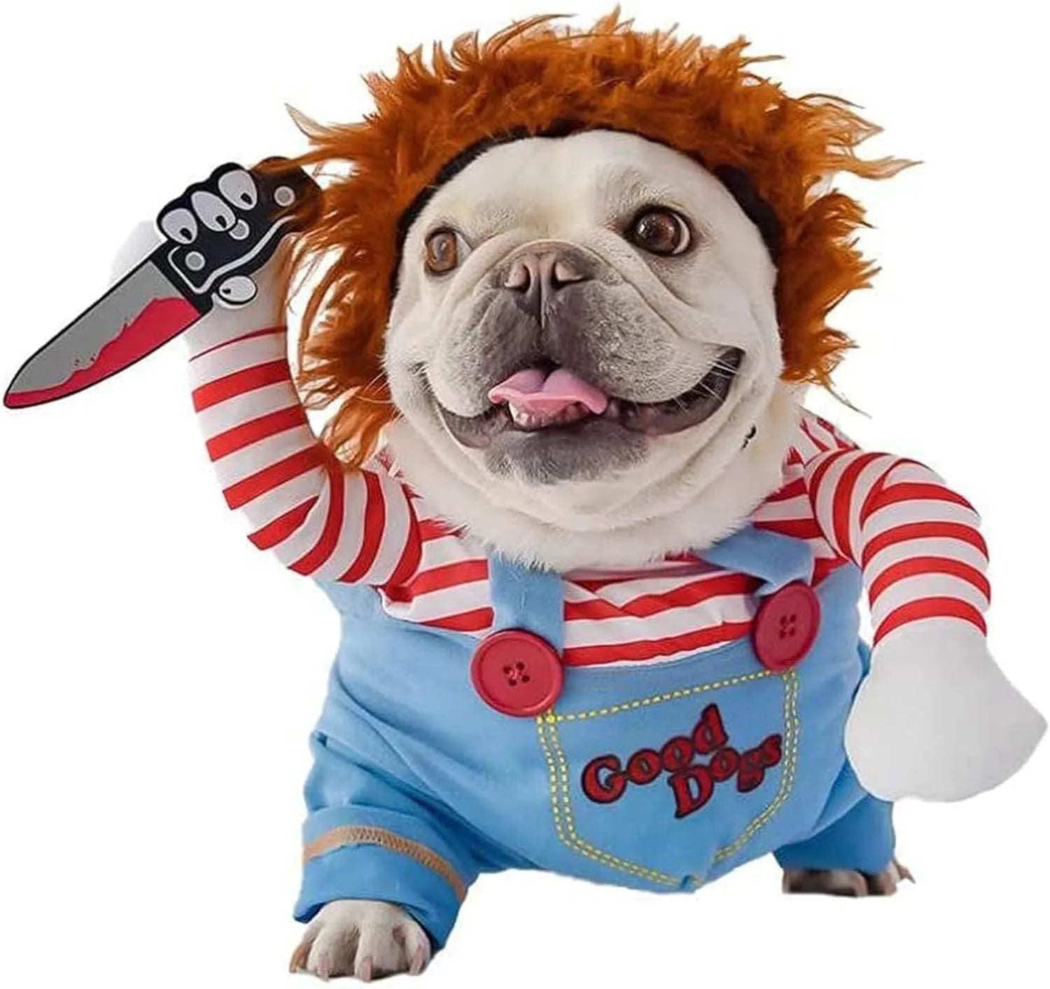 Striped harness pants Halloween costume for pets with knife accessory, 3-piece set in sizes S to XL