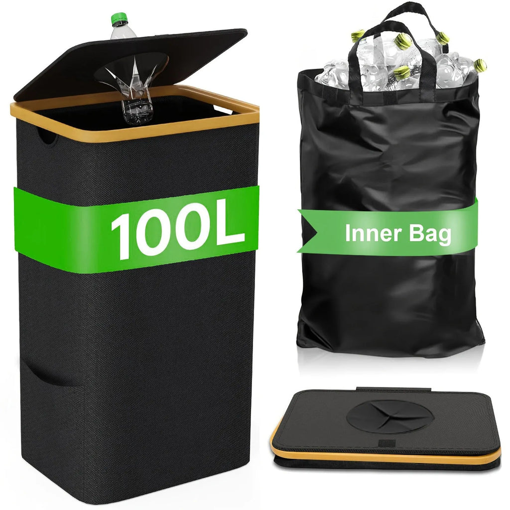 Black bamboo laundry basket with removable lid and bottle storage compartment